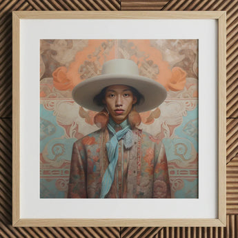 Iyaan - Gay Malay Cowboy Dandy Art Print / Canvas White Wide-brimmed Hat Blue Scarf Patterned Jacket Elegant Malaysian Outlaw’s, Cowboy