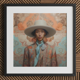 Iyaan - Gay Malay Cowboy Dandy Art Print / Canvas White Wide-brimmed Hat Blue Scarf Patterned Jacket Elegant Malaysian Outlaw’s, Cowboy