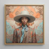 Iyaan - Gay Malay Cowboy Dandy Framed Canvas, 12x12’’ / 31x31cm / Natural Floating Frame, Framed Portrait Painting Person Wide-brimmed Hat