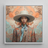 Iyaan - Gay Malay Cowboy Dandy Framed Canvas, 12x12’’ / 31x31cm / White Floating Frame, Framed Portrait Person Hat Floral Jacket