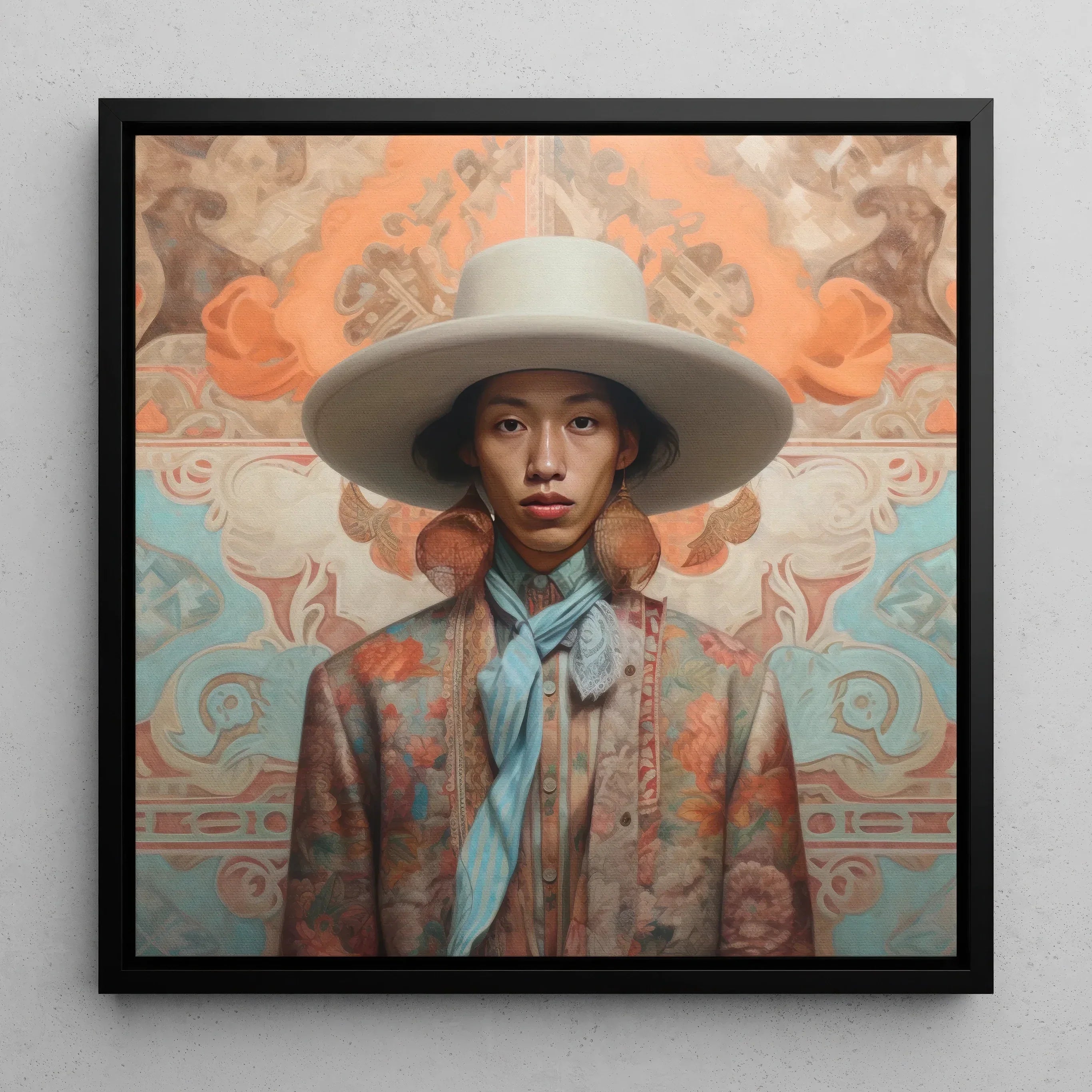 Iyaan Gay Malay Cowboy Dandy Framed Canvas, Portrait Person Wide Brimmed White Hat Floral Patterned Clothing