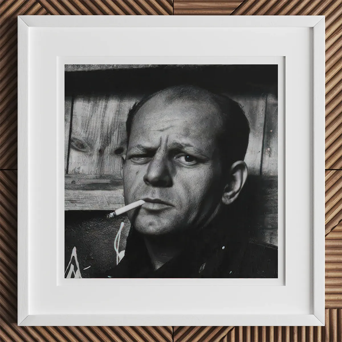 Black and white framed portrait of a man smoking a cigarette, inspired by Andy Warhol style