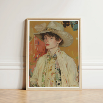 Framed Portrait Young Man Wide-brimmed Hat Floral Attire Queer Couture Cowboy, Art, Print