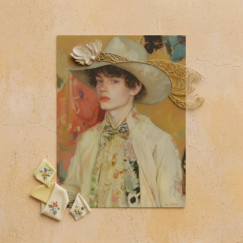 Jacob - Queer Couture Cowboy Art Print / Canvas Vintage-style Portrait Print Young Man Ornate Light-colored Wide-brimmed Queer Couture