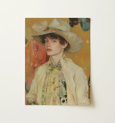 Vintage-style Portrait Print Young Person Off-white Wide-brimmed Hat Queer Couture Cowboy, Art