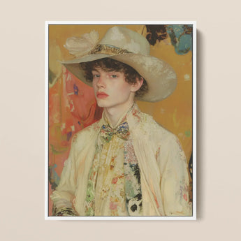 Jacob - Queer Couture Cowboy Framed Canvas, 12x16’’ / 31x41cm / White Floating Frame, Framed Oil Painting Young Man Wide-brimmed Hat