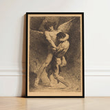 Black-framed Artwork Detailed Two Muscular Figures Embrace Rendered Etching La Lutte, Jacob Catches, Mid-collapse, Absorbing Velázquez’s