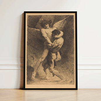 Black-framed Artwork Detailed Two Muscular Figures Embrace Rendered Etching La Lutte, Jacob Catches, Mid-collapse, Absorbing Velázquez’s