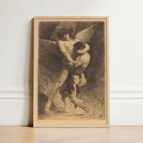 Framed Black-and-white Sketch Winged Figure Enclosed Light Wood Etching La Lutte, Jacob Catches, Mid-collapse, Absorbing Velázquez’s Tonal,