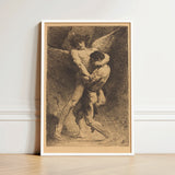 Framed Black-and-white Sketch Print Two Muscular Figures Embrace Etching La Lutte, Jacob Catches, Mid-collapse, Absorbing Velázquez’s
