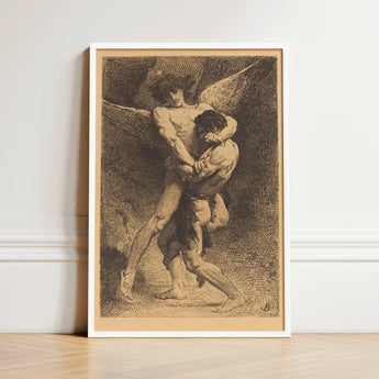 Framed Black-and-white Sketch Print Two Muscular Figures Embrace Etching La Lutte, Jacob Catches, Mid-collapse, Absorbing Velázquez’s