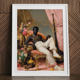 Jacques - Gay Black Sailor Dandy Art Print / Canvas Framed Portrait Black Man Ornate Pink-draped Chair Surrounded Gay Sailor, Sailor Dandy,