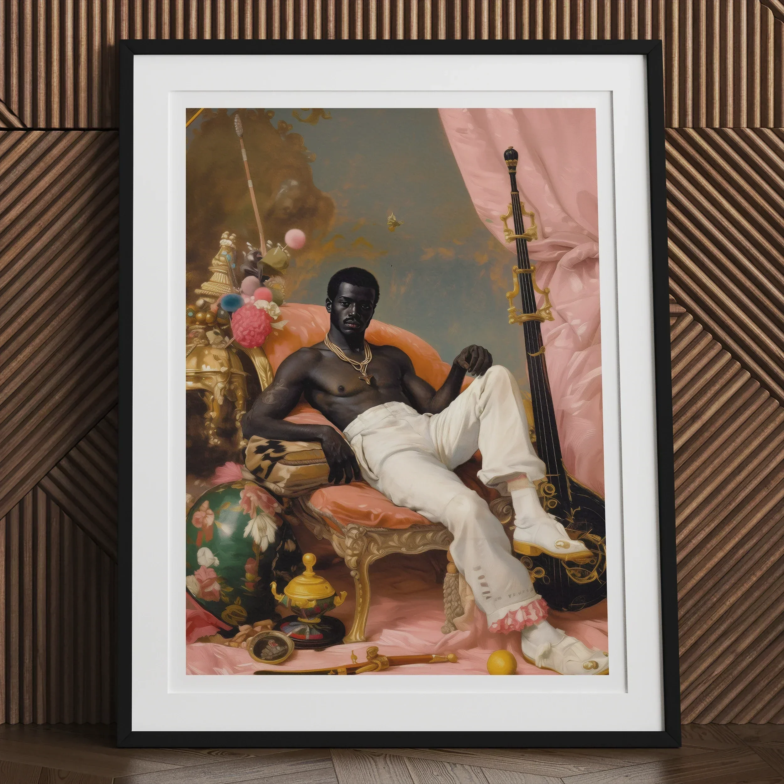 Jacques - Gay Black Sailor Dandy Art Print, Framed Portrait Shirtless Man Seated Regally Among Colorful