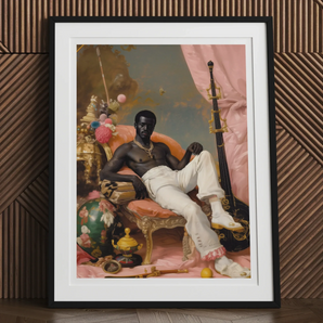 Jacques - Gay Black Sailor Dandy Art Print, Framed Portrait Shirtless Man Seated Regally Among Colorful