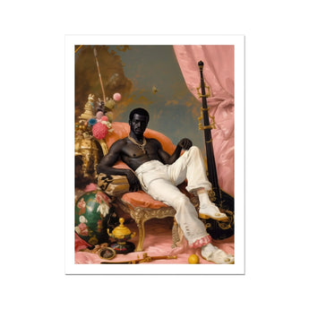 Jacques - Gay Black Sailor Dandy Art Print, Shirtless Person Dark Skin Ornate Chair Rifle Surrounded