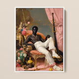 Jacques - Gay Black Sailor Dandy Framed Canvas, 12x16’’ / 31x41cm / White Floating Frame, Framed Painting Black Man White Pants Pink Chair