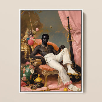 Jacques - Gay Black Sailor Dandy Framed Canvas, 12x16’’ / 31x41cm / White Floating Frame, Framed Painting Black Man White Pants Pink Chair