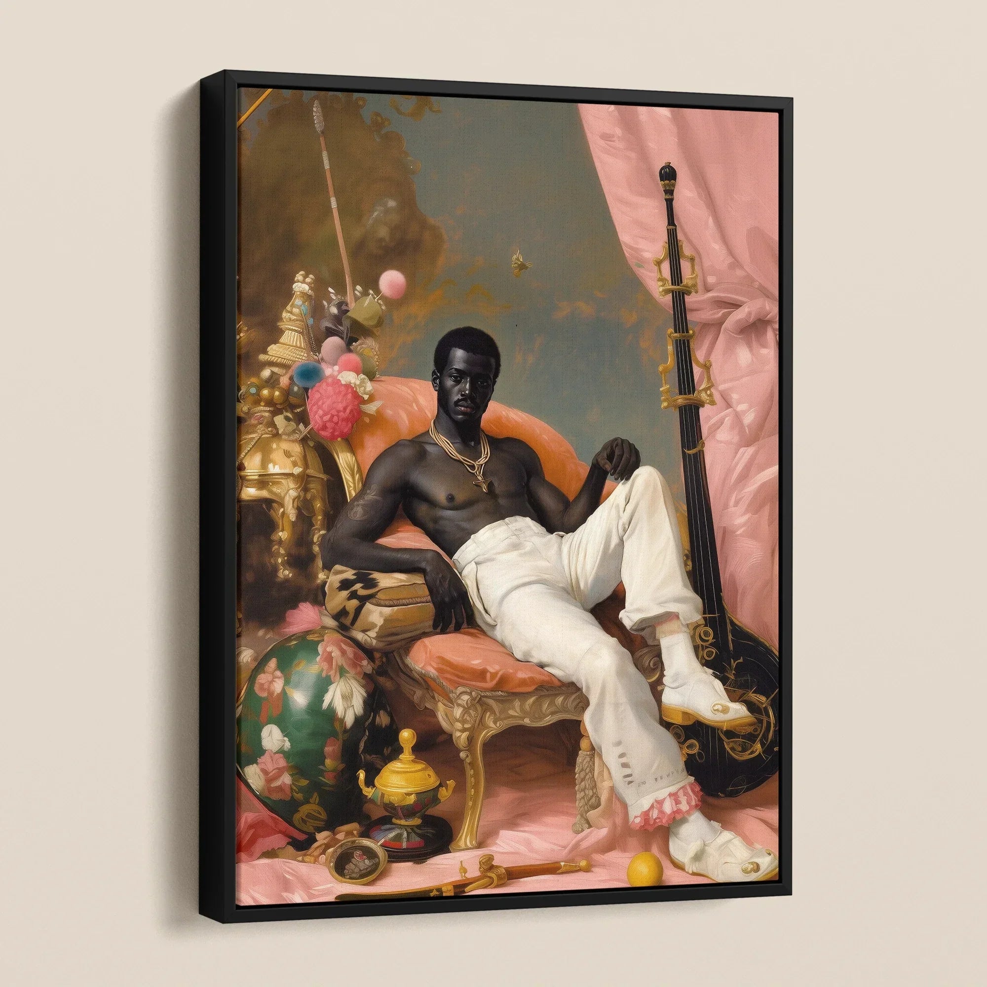 Jacques - Gay Black Sailor Dandy Framed Canvas, Framed Portrait Shirtless Man White Pants