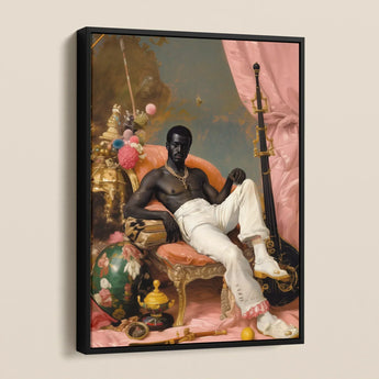 Jacques - Gay Black Sailor Dandy Framed Canvas, Framed Portrait Shirtless Man White Pants Pink Chair
