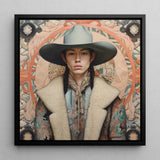 Jacy - Gay Native American Cowboy Framed Canvas, 12x12’’ / 31x31cm / Black Floating Frame, Portrait Person Wide-brimmed Cowboy Hat Coat Fur