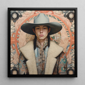 Jacy - Gay Native American Cowboy Framed Canvas, 12x12’’ / 31x31cm / Black Floating Frame, Portrait Person Wide-brimmed Cowboy Hat Coat Fur