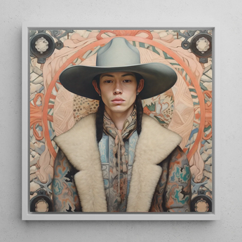 Jacy - Gay Native American Cowboy Framed Canvas, 12x12’’ / 31x31cm / White Floating Frame, Framed Portrait Cowboy