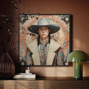 Jacy - Gay Native American Cowboy Framed Canvas, Framed Portrait Person Wide-brimmed Hat Coat Collar