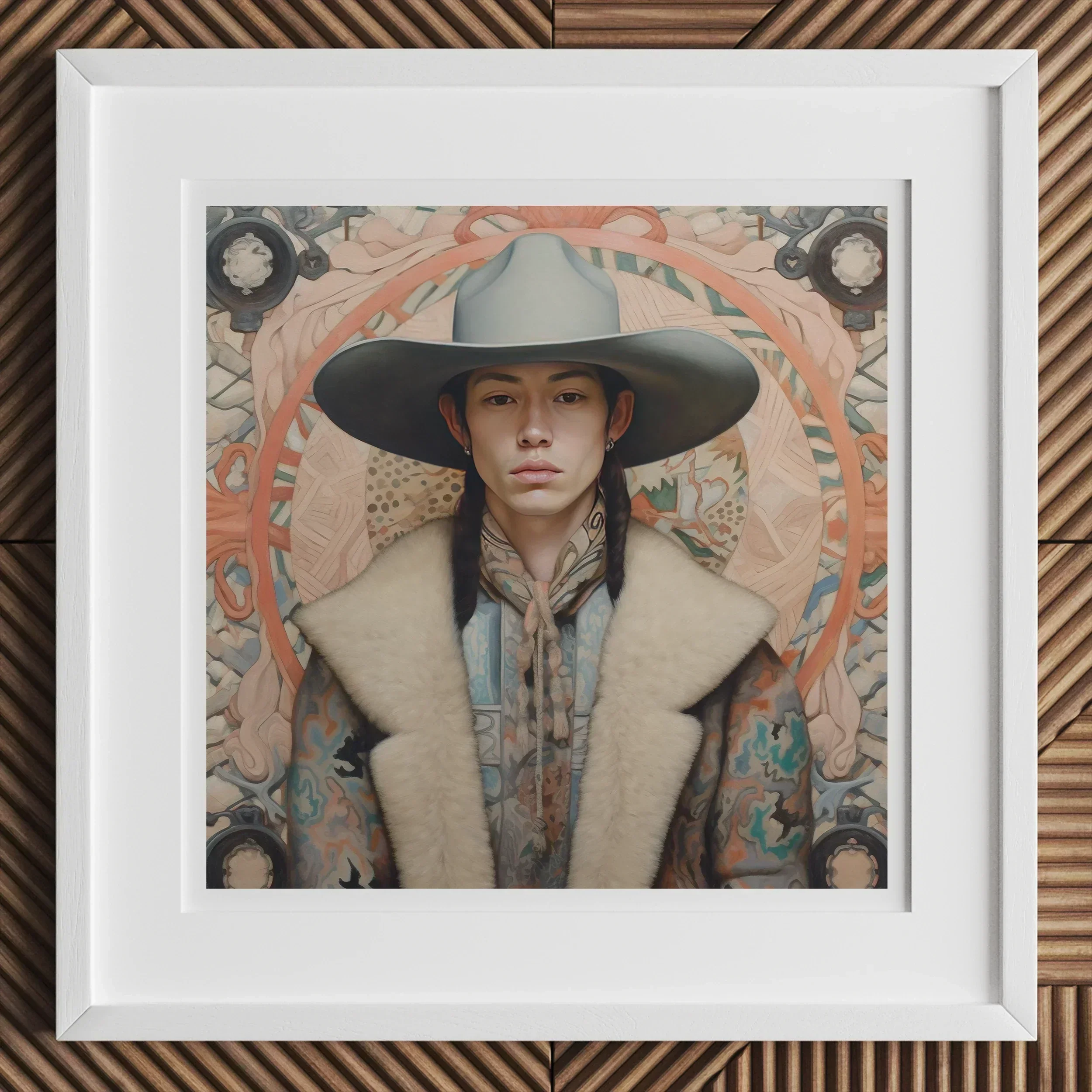 Jacy - Native American Gay Cowboy Art Print, 12x12’’ / 31x31cm / White Frame / 2’’ Matboard, Framed Portrait Photograph Wide-brimmed Gray