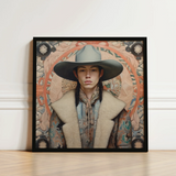 Framed Portrait Person Wide-brimmed Gray Hat Fur-lined Coat Dandy Gay Cowboy, Native American