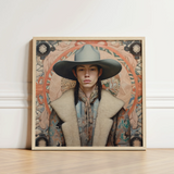 Framed Portrait Person Wide-brimmed Gray Hat Cream-colored Fur-lined Dandy Gay Cowboy, Native American