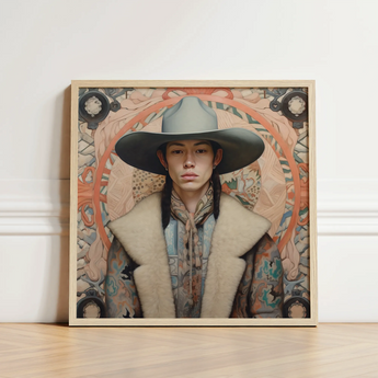 Framed Portrait Person Wide-brimmed Gray Hat Cream-colored Fur-lined Dandy Gay Cowboy, Native American