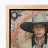 Framed Canvas Print Portrait Person Wide-brimmed Hat Light Dandy Gay Cowboy, Native American