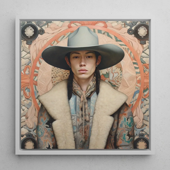 Jacy - Native American Gay Cowboy Art Print / Canvas Framed Portrait Person Wide-brimmed Gray Hat Cream-colored Fur-lined Dandy Gay Cowboy,