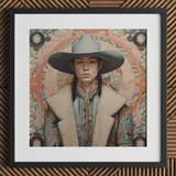 Jacy - Native American Gay Cowboy Art Print / Canvas Gray Fur Coat Wide-brimmed Hat Patterned Shirt Underneath Dandy Gay Cowboy, Native
