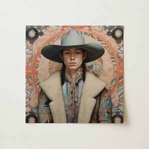 Jacy - Native American Gay Cowboy Art Print / Canvas Square-framed Portrait Painting Person Wide-brimmed Gray Hat Cream-colored Dandy Gay