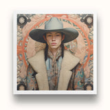 Jacy - Native American Gay Cowboy Art Print / Canvas Square-framed Portrait Person Wide-brimmed Gray Hat Beige Fur-lined Dandy Gay Cowboy,