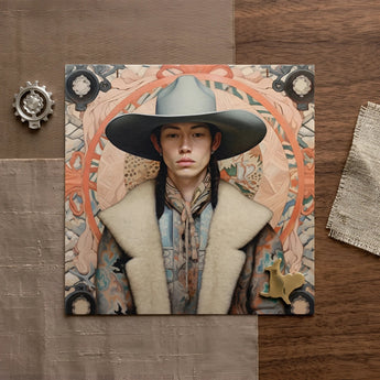 Jacy - Native American Gay Cowboy Art Print / Canvas Square Art Print Portrait Person Wide-brimmed Gray Hat Dandy Gay Cowboy, Native