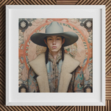Jacy - Native American Gay Cowboy Art Print / Canvas White Square Frame Black Border Dandy Gay Cowboy, Native American, American Cowboy