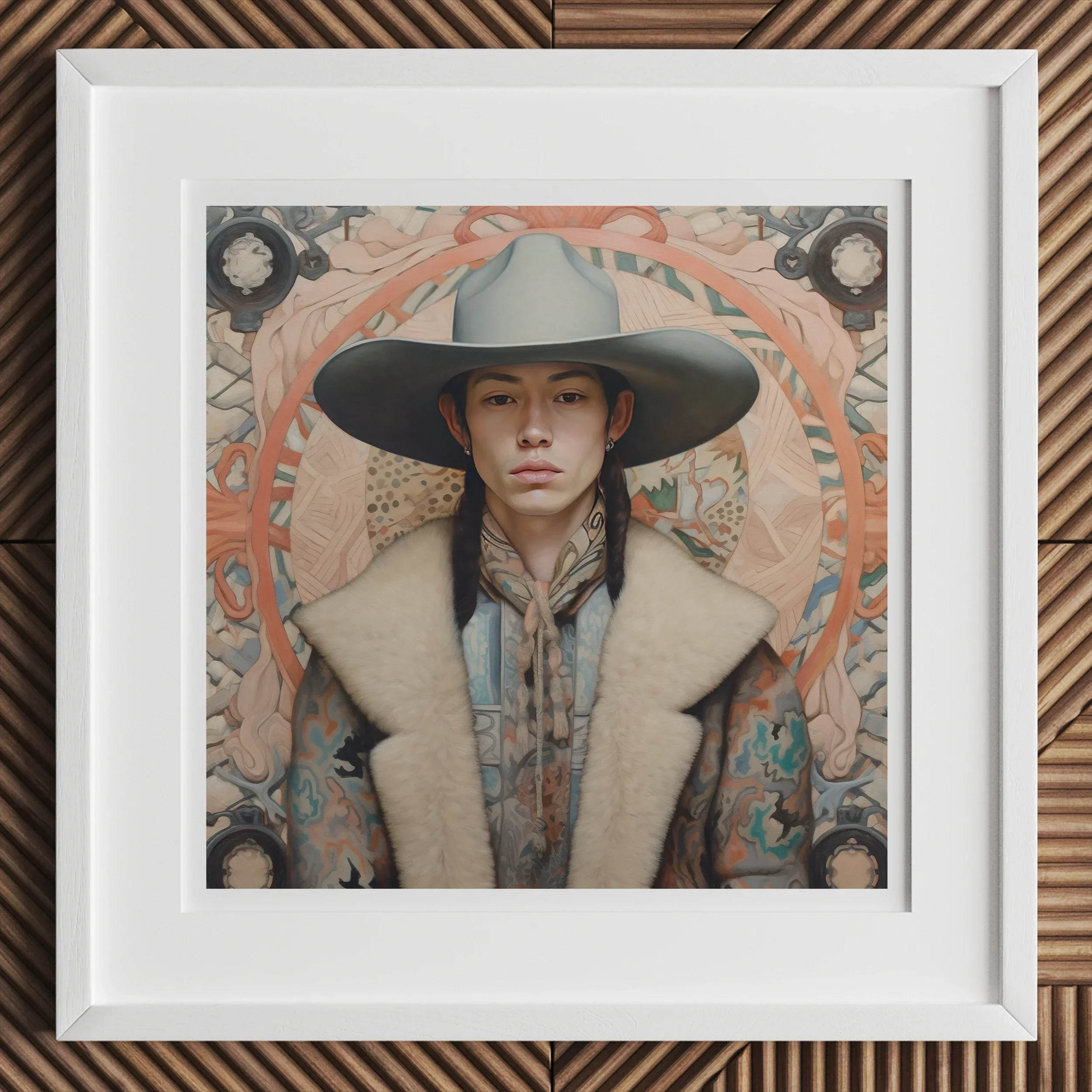 Jacy - Native American Gay Cowboy Art Print, Framed Portrait Photograph Wide-brimmed Gray Hat Cream-colored Coat