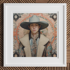 Jacy Native American Gay Cowboy Art Print, Framed Portrait Photograph Wide Brimmed Gray Hat Cream Colored Coat