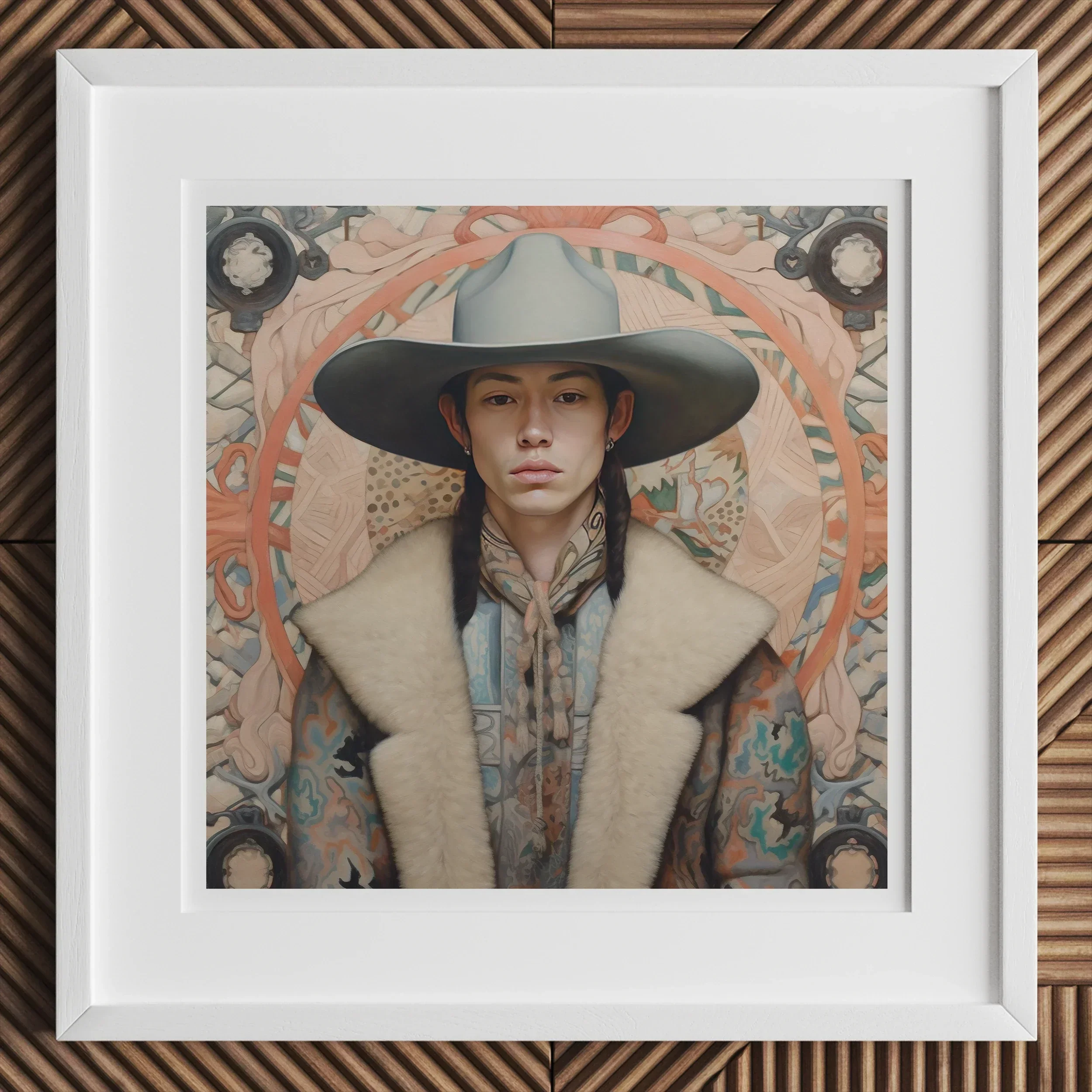 Jacy Native American Gay Cowboy Art Print, Framed Portrait Photograph Wide Brimmed Gray Hat Cream Colored Coat