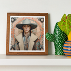 Jacy Native American Gay Cowboy Art Print, Framed Portrait Photograph Wide Brimmed Gray Hat Light Colored Coat