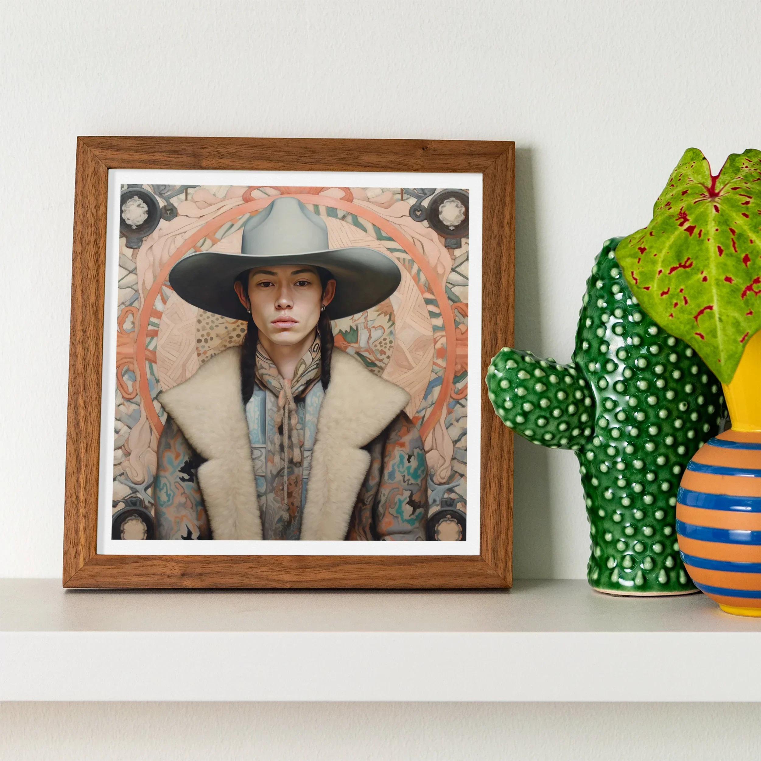 Jacy Native American Gay Cowboy Art Print, Framed Portrait Photograph Wide Brimmed Gray Hat Light Colored Coat