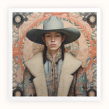 Jacy - Native American Gay Cowboy Art Print, Portrait Wide-brimmed Gray Hat Cream-colored Coat Patterned Scarf
