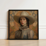 Framed Portrait Woman Wide-brimmed Beige Cowboy Hat Earth-toned Elegant Outlaw Reminding, Cowgirl Spirit’s Queer, Vintage Femme Lesbian