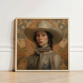 Framed Portrait Woman Wide-brimmed Beige Hat Earth-toned Attire Elegant Outlaw Reminding, Cowgirl Spirit’s Queer, Vintage Femme Lesbian