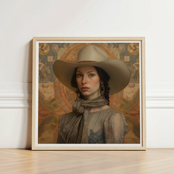 Framed Artwork Woman Wide-brimmed Beige Hat Earth-toned Attire Elegant Outlaw Reminding, Cowgirl Spirit’s Queer, Vintage Femme Lesbian