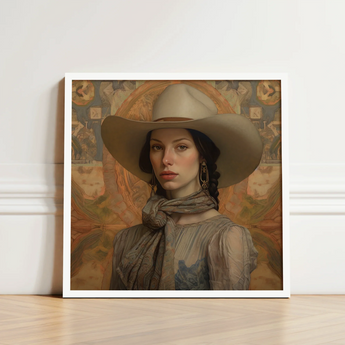 Framed Artwork Woman Wide-brimmed Beige Hat Earth-toned Attire Elegant Outlaw Reminding, Cowgirl Spirit’s Queer, Vintage Femme Lesbian