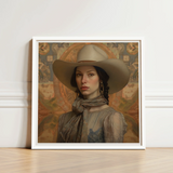 Framed Portrait Woman Wide-brimmed Beige Hat Earth-toned Attire Elegant Outlaw Reminding, Cowgirl Spirit’s Queer, Vintage Femme Lesbian