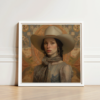 Framed Portrait Woman Wide-brimmed Beige Hat Earth-toned Attire Elegant Outlaw Reminding, Cowgirl Spirit’s Queer, Vintage Femme Lesbian